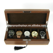 Venta al por mayor de fábrica, accesorio de tienda al por menor, logotipo personalizado, caja de presentación de reloj con cerradura de lujo de madera